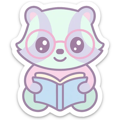 a cute badger with glasses reading a book, kawaii style sticker