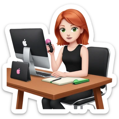 Redhead with green eyes sat at desk with pink MacBook and  podcast microphone black top and pink chair and a notebook  sticker
