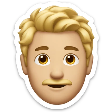 A man with a blonde dye on his hair, a small mustache and a brown goat sticker