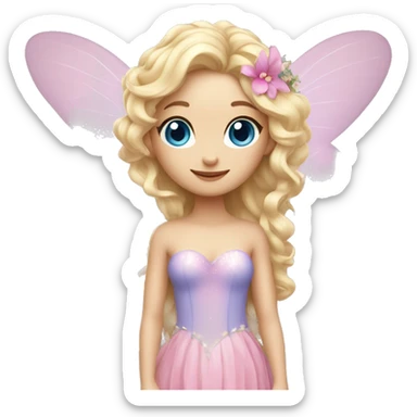 Fairy, a blonde hair with blue eyes and a pink dress with sparkly wings. Flowers. White wings. The fairy has long, curly hair with a lot of volume sticker