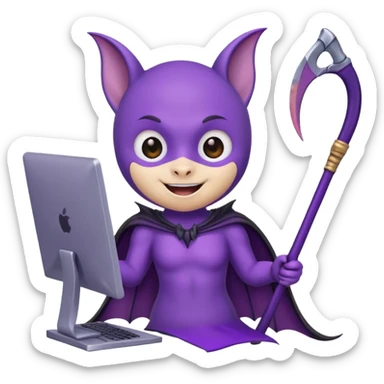 a happy purple bat holding a scythe while sitting in front of her computer sticker