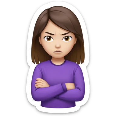 Angry Pouty girl with small asian eyes folding arms in a purple longsleeve shirt she has fair skin and long length brown hair with highlights sticker