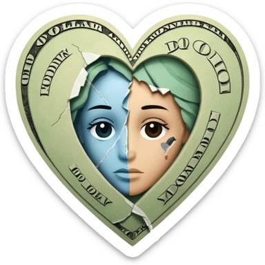 A broken heart glued together by dollars sticker
