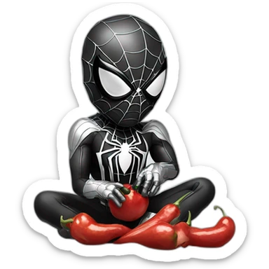 spider-man with his black white and silver suit eating a red hot chili sticker