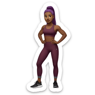 A girl with long straight purple hair and high cheekbones girl,  wearing a Bordeaux burgundy sports bra and medium gray yoga pants, Bordeaux burgundy calf socks, and black low-top canvas shoes, showing her 6 pack abs sticker