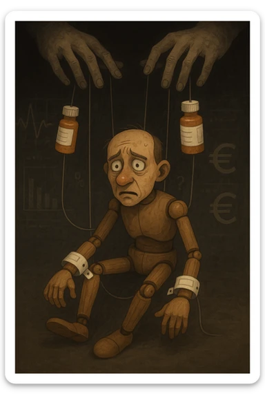 a marionette puppet with hospital bracelets and medication bottles as strings is controlled by unseen hands from above. The puppet’s face shows confusion and fatigue, representing the feeling of being managed by an invisible system. The background is dark, with faint images of medical charts and euro signs. in italiano sticker