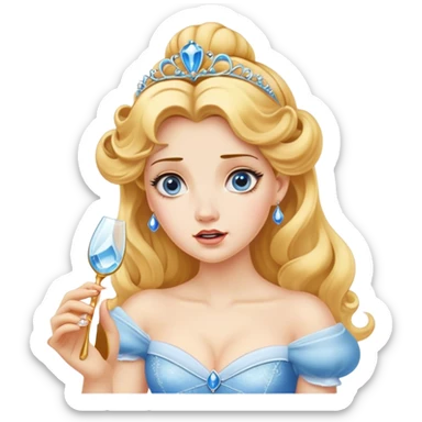 Cinematic Funny Cinderella Portrait Emoji, Stunned expression as she holds a glass slipper much too big, one eyebrow raised, golden curls slightly messy, a mix of royal grace and unexpected humor, capturing a lighthearted twist on her fairy tale moment! sticker