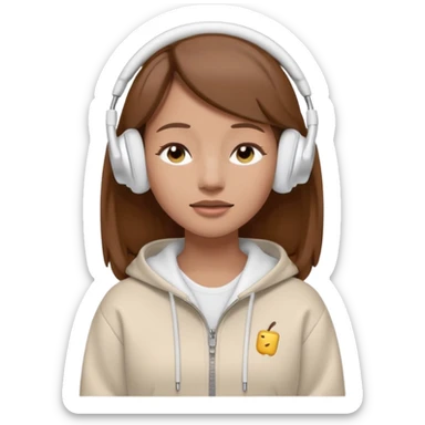 A clean, minimal emoji-style illustration of a light-skinned girl with brown hair worn loose. Her eyes are closed while listening to music with silver AirPods Max. She’s wearing a white zip-up hoodie. Smooth 3D emoji style, soft lighting, neutral tones. sticker
