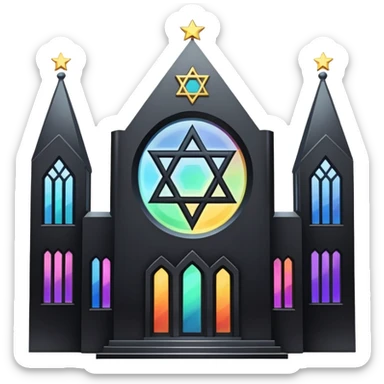 jewish synagogue temple in dark goth aesthetic style with black building and light rainbow tint glass windows and star of david and celestial symbolism sticker