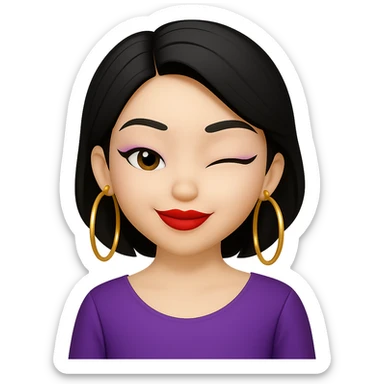 Make the ABG emoji wink, keep trendy makeup, bold lipstick, hoop earrings, and stylish hair, in apple emoji style, no background. sticker