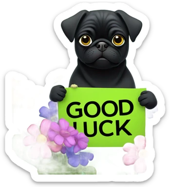 Black pug , surrounded by flowers, holding a green sign that says “good luck”  sticker