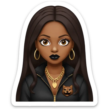 Foxy Brown, Rapper with dark brown long hair, black lip, black outfit sticker