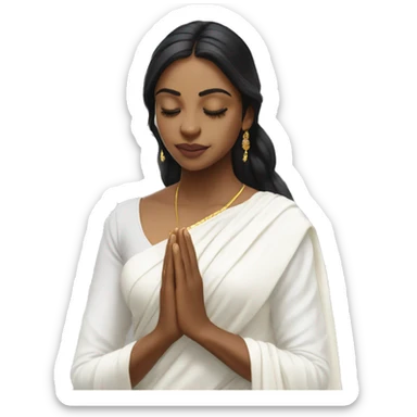 Light skin ;Black long hair wearing white saree praying infront a white temple sticker