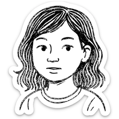 portrait of an Asian girl with medium brown wavy hair and brown eyes, hand-drawn outlined icon sticker