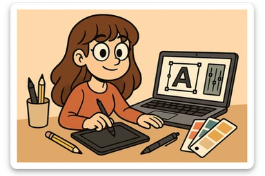 a girl graphic designer with long brown hair and bangs, brown eyes, surrounded by design tools, flat toon style sticker