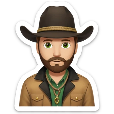 yellowstone ranch cowboy with brown beard, black cowboy hat with black rope and no jewel, black t-shirt, leather tan jacket, and green eyes sticker