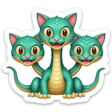 three-headed hydra cat inspired by the grinning cat emoji, playful and cute, each head with a different expression, vibrant colors, cartoon style sticker