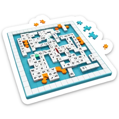A photorealistic icon with a crossword magazine, a 3D puzzle and a partially completed puzzle on a table. Bright, detailed design with realistic lighting. Transparent background, clearly symbolizing puzzles and brain games. sticker