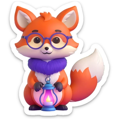 small magical fox with shimmering purple and blue fur, glowing fluffy tail, silver star on forehead, round glasses, tiny lantern, hugging a big red heart sticker