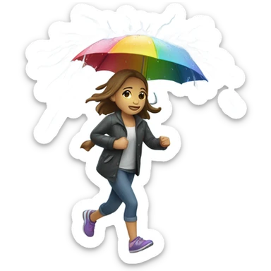 Girl running in rain with umbrella sticker