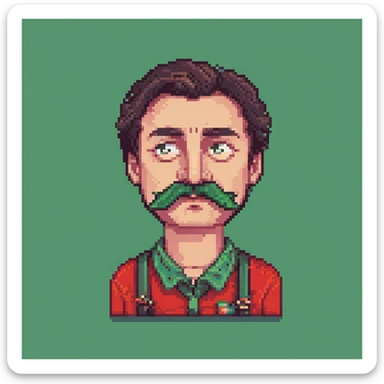 Recep İvedik, exaggerated facial features, thick eyebrows, mustache, red shirt, comedic expression, retro game vibe, pixel art sticker
