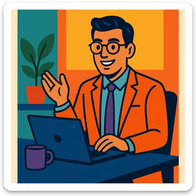 A 35-year-old male business coach sitting at a desk with a laptop sticker