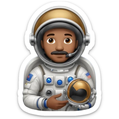 Mustached astronaut  black man holding helmet in his hand, sticker