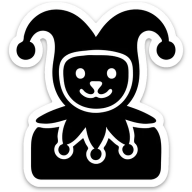 crazy cute little cat jolly joker from poker, medieval, vintage, court jester, mac os icon, purple, gold and red color, head + torso. Squared shape as 3D mac os system icon, symmetrical sticker