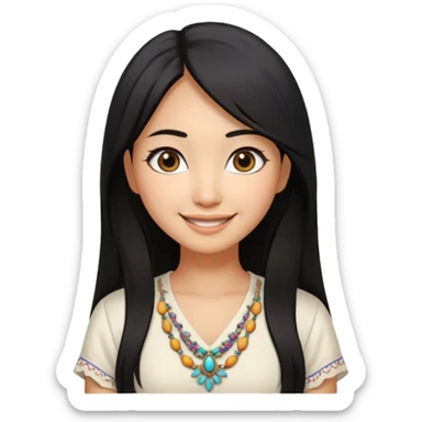 30 yr old asian woman center parted hair big eyes big smile tanned skin straight black hair hippie part hair white blouse sticker