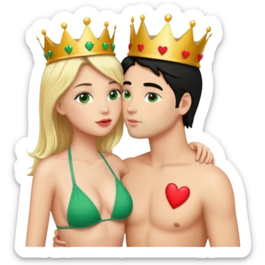 Blonde Queen with crown Green eyes Bikini whole body Kissing man black Hair Hearts  sticker