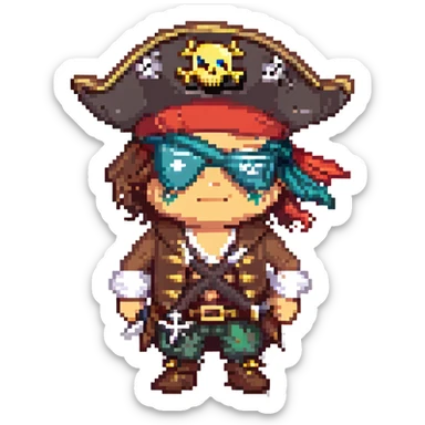 a pirate captain with an eyepatch, pixel art style sticker