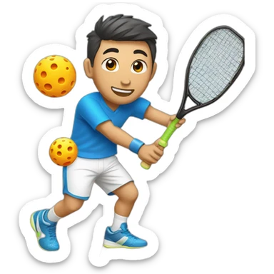 short hair right-handed Chinese Male hitting a pickleball with rectangle Pickleball Paddle sticker