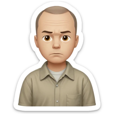 Carl from Sling Blade, serious expression, recognizable features, chin sticking out, slouching posture, no glasses, shirt with collar,  side view,show his entire body, he is standing. three-quarter face angle. He sticks his head forward. change face style sticker