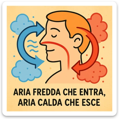 colorful illustration showing cool air entering nose (blue), warm air exiting (red), arrows indicating cycle, caption in Italian sticker