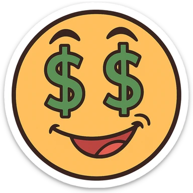smirking emoji with money eyes, flat modern style, bright saturated colors golds greens reds, minimal but expressive, universal look sticker