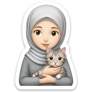 white hijab girl holding grey tabby cat sticker