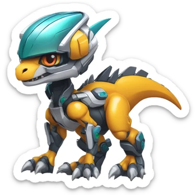 Colorful Edgy Chibi Greymon-Velociraptor-Genesect-Fakémon-Pokémon wearing a with a futuristic visor-helmet And Mecha-suit Full Body sticker
