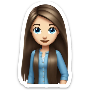 Long waist length brunette straight hair girl, blue eyes,  sticker