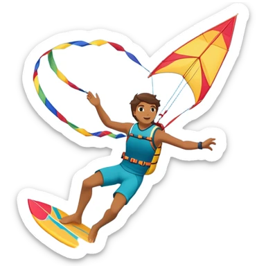 A kite surfer soaring above the waves, holding onto a kite with the wind in full force. The background showcases the ocean and sky, emphasizing the freedom, thrill, and energy of the sport. The motion of the kite and board is dynamic, capturing the excitement of kiting. sticker