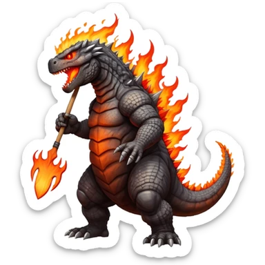 Godzilla holding a pitchfork on fire  sticker