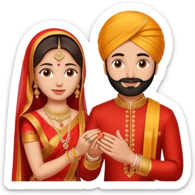 Two hands in a engagement..One hand of groom and one hand of bride. Bride hand - red/yellow saree. groom- light orange punjabi (oonly hands will be visible in the image). Groom's hand is holding a ring and bride's hand will be wearing the ring sticker