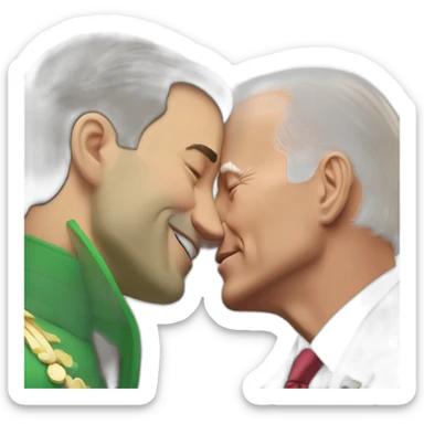 Vladimir Zelenskiy in green clothes kissing by Joe Biden in classic suit sticker