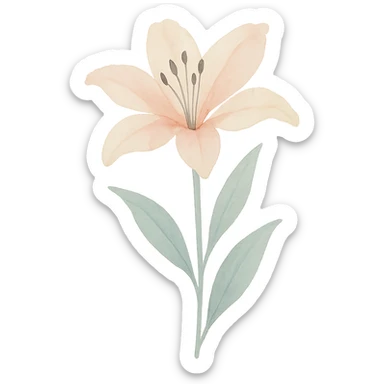 lily with stem and leaves, luminous colors, gentle blending, realistic botanical illustration sticker