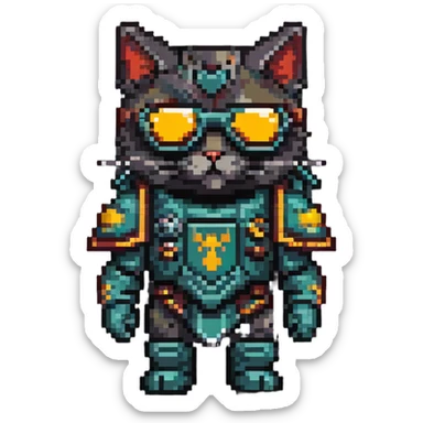 cat wearing sunglasses in Warhammer 40,000 inspired armor sticker