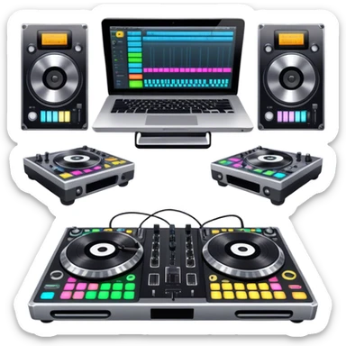 Create a professional and technical emoji that represents remixing music. The design should feature a high-end DJ controller, turntables with vinyl records, and a sound mixing console with faders to symbolize the technical aspects of remixing. Include elements like studio headphones and a laptop or digital audio workstation (DAW) screen to reflect the tools used in music production. Use colors like black, silver, and neon accents to convey the professional, high-tech nature of remixing. The background should be transparent. sticker
