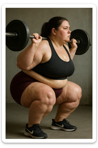 donna grassa con lipedema alle gambe che fa uno squat di profilo con bilanciere, IPERREALISTICA 4K sticker