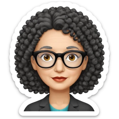 femme 60 ans cheveux gris foncé très bouclé et yeux marrons foncé, lunettes rectangle noir sticker