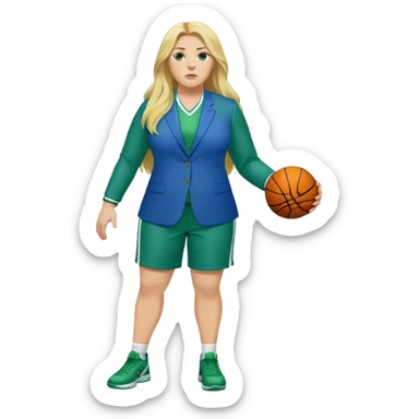 Full Body white plus size female basketball head coach with long blonde hair in a blue and green suit sticker