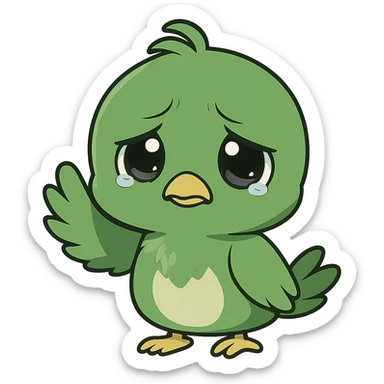 green chibi anime bird waving goodbye, sad expression, chibi style, anime style, cute character, waving hand sticker