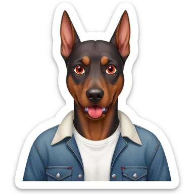Generate a emoji of a big evil doberman dog with red eyes and a tongue sticking out, give the doberman a human body with a white shirt and baggy jeans, make the doberman have ear piercings and a septum ring sticker
